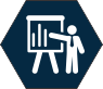 Hexágono azul con un dibujo de una persona apuntando a una pizarra que tiene barras simulando un gráfico.