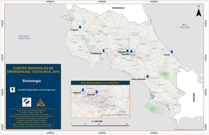 Mapa de Costa Rica en el cual muestra con un pin azul los Comités Regionales de Emergencia que están constituidos en el país, ubicados en Liberia, Puntarenas, Alajuela, Heredia, Pérez Zeledón y Limón