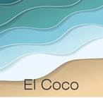 Dibujo de una toma aérea de la playa, a la izquierda se ve la arena y hacia la derecha se muestran olas con diferentes tonos de azul y las palabras El Coco en la parte inferior