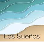 Dibujo de una toma aérea de la playa, a la izquierda se ve la arena y hacia la derecha se muestran olas con diferentes tonos de azul y la palabra Los Sueños en la parte inferior