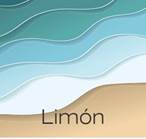 Dibujo de una toma aérea de la playa, a la izquierda se ve la arena y hacia la derecha se muestran olas con diferentes tonos de azul y la palabra Limón en la parte inferior