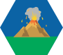 Hexágono azul con el dibujo de un volcán en erupción.
