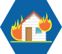 Hexágono azul con el dibujo de una casa en llamas.