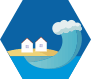 Hexágono azul con el dibujo de una playa con 2 casas y un gran ola que se aproxima.