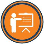 Circulo anaranjado con un dibujo de una persona señalando una pizarra que contiene líneas simulando texto.